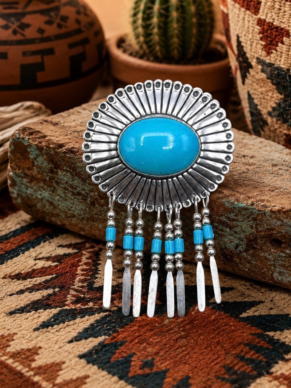 Quoc QT Southwestern Sterling Silver Faux Blue Turquoise Dangle Pendant Pin